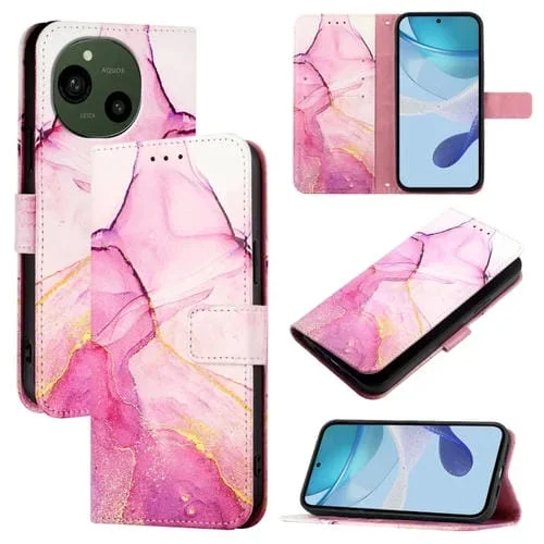 Funda para Sharp Aquos R9 Sh-51E Pt003 de Cuero con Tapa y Patrón Mármol (Rosa, Morado y Dorado)