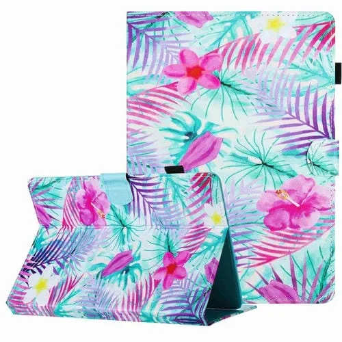 Funda para Tablet de Cuero con Costuras y Patrón Pintado 10 Pulgadas (Bougainvillea)