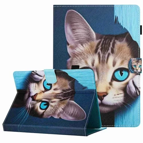 Funda para Tablet de Cuero con Costuras y Patrón Pintado Gato Azul (10 Pulgadas)