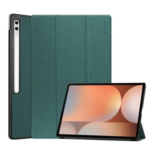 Funda para Tablet Enkay Galaxy Tab S10 Ultra S9 Ultra Textura Plástico Tres Pliegues (Verde Oscuro)