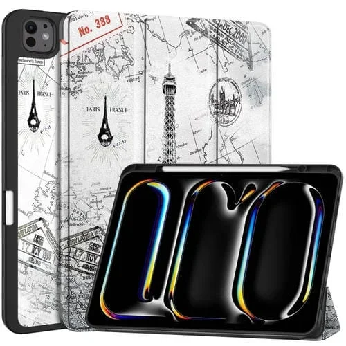 Funda para Tableta Custer Painted iPad Pro 13 (2024) Cuero Inteligente Soporte 3 Pliegues Bandeja Bolígrafos (Torre Eiffel)