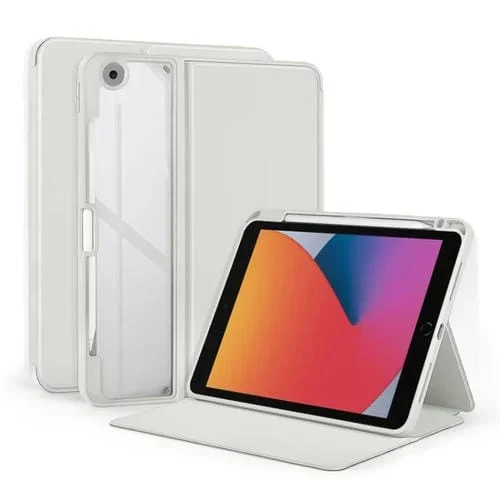 Funda para Tableta iPad 10.2 2021/2020 Cuero Acrílico Transparente Dos Pliegues (Gris Claro)