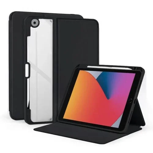 Funda para Tableta iPad 10.2 2021/2020 Cuero Acrílico Transparente Dos Pliegues (Negro)
