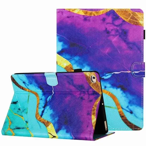 Funda para Tableta iPad 9.7 2018/2017 Cuero Inteligente Costura Patrón Mármol (Púrpura Azul)