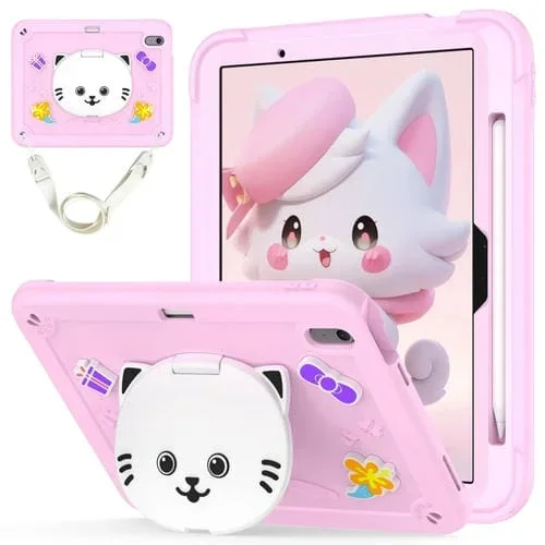 Funda para Tableta iPad Air 11 2024 Híbrida de Silicona con Soporte para Gato y Correa (Rosa Flor de Cerezo)
