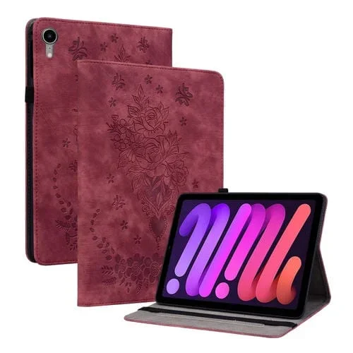 Funda para Tableta iPad Mini 6 Cuero Relieve Mariposa Rosa (Rojo)
