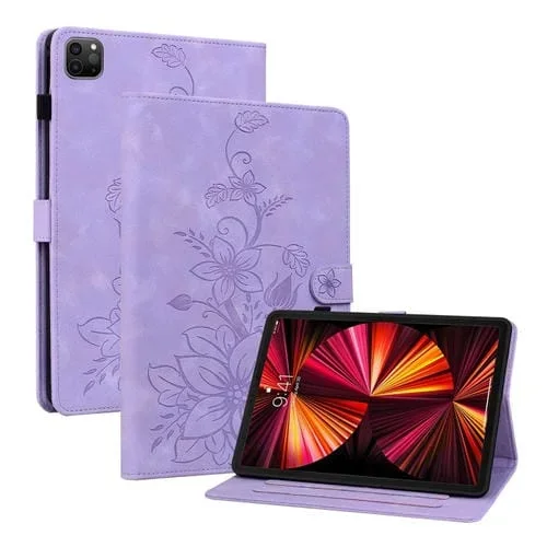 Funda para Tableta iPad Pro 11 2022 Air 10.9 2022 Cuero Relieve Lily (Púrpura)