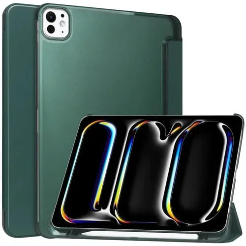 Funda para Tableta iPad Pro 13 2024 Cuero Inteligente Esmerilado SemiTransparente 3 Pliegues (Verde Oscuro)