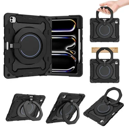 Funda para Tableta iPad Pro 13 Armor 2024 Silicona Soporte Anillo Ranura Bolígrafo (Negro)
