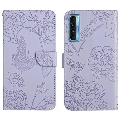 Funda para TCL 20S / 20 5G / 20L / 20L+ piel con relieve mariposa y peonía (Morado)
