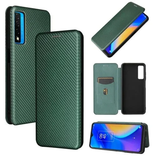 Funda para TCL 20S Textura Fibra de Carbono Magnético Flip TPU + PC + Cuero PU con Ranura (Verde)