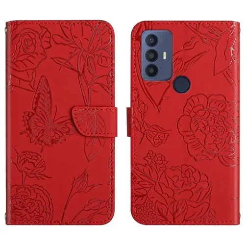 Funda para TCL 30 Se Siente Piel de Mariposa Caja de Cuero En Relieve (Rojo)
