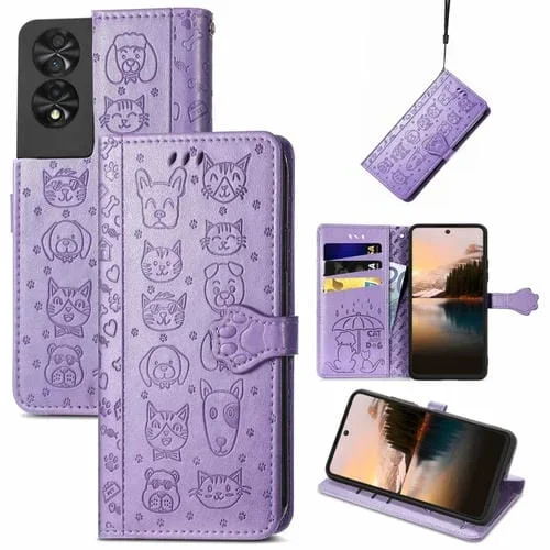 Funda para TCL 40 Nxtpaper 5G de Cuero con Relieve Perros y Gatos (Púrpura)