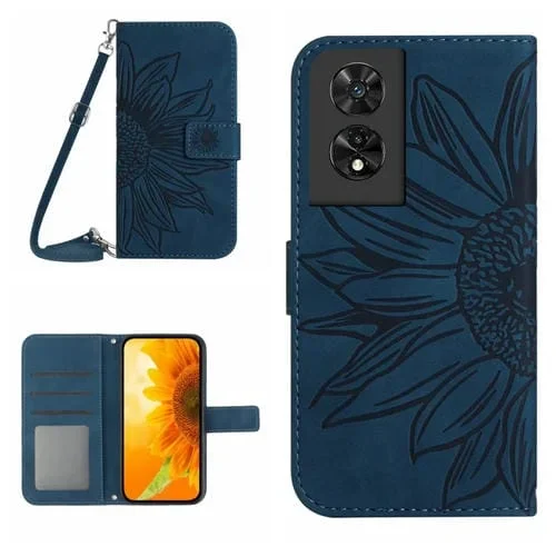 Funda para TCL 505 Skin Feel Sun Flower de Cuero con Tapa En Relieve y Cordón (Azul Tinta)