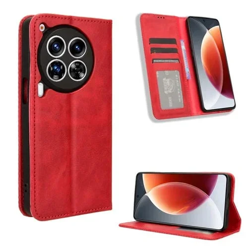 Funda para Tecno Camon 30 Premier 5G de Cuero con Textura Retro y Hebilla Magnética (Rojo)