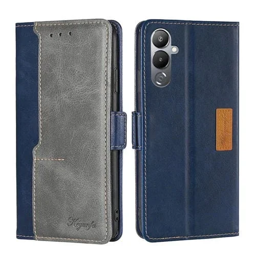 Funda para Tecno Pova 4 de Cuero con Hebilla Lateral y Contraste Azul y Gris