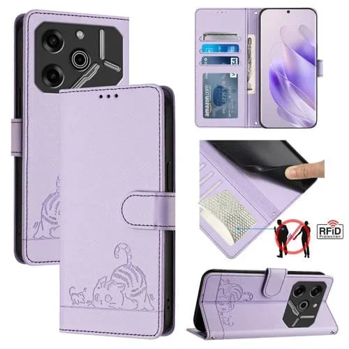 Funda para Tecno Pova 6 Pro Li9 Cat Rat de Cuero RFID con Patrón en Relieve y Cordón (Púrpura)