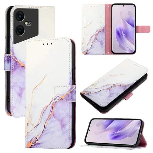 Funda para Tecno Pova Neo 3 Pt003 de Cuero con Tapa y Patrón de Mármol (Blanco y Morado)