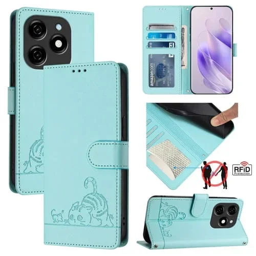 Funda para Tecno Spark 20 Cat Rat de Cuero Rfid con Patrón en Relieve y Cordón (Verde Menta)
