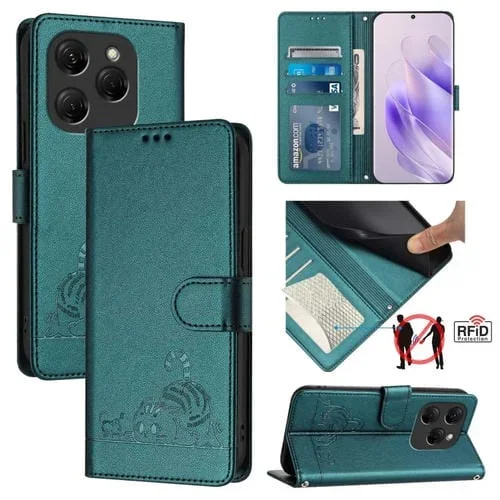 Funda para Tecno Spark 20 Pro Cuero Rfid con Patrón en Relieve y Cordón (Verde Pavo Real)