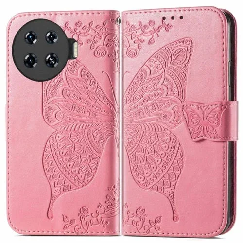 Funda para Tecno Spark 20 Pro de Cuero con Relieve Flor de Amor y Mariposa (Rosa)