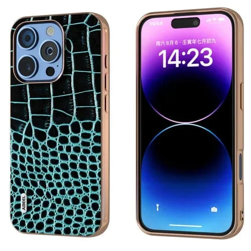 Funda para Teléfono Abeel iPhone 16 Pro Max Diseño Cocodrilo Cuero Genuino Marco Galvanizado (Azul)