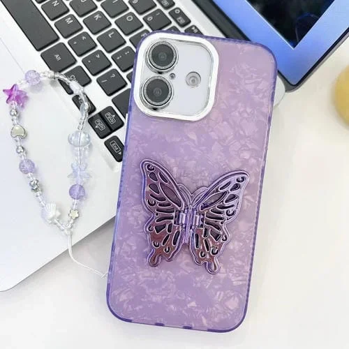 Funda para Teléfono Apple iPhone 16 Plus con Correa para Muñeca Diseño Mariposa Textura Película Revestimiento Brillante (Violeta)