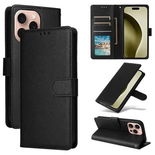 Funda para Teléfono Apple iPhone 16 Pro Max Cuero con Tapa Horizontal y Tres Ranuras para Tarjetas (Negro)