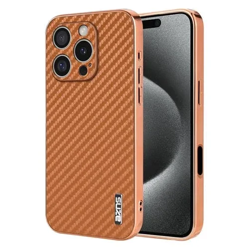 Funda para Teléfono Azns iPhone 16 Pro Textura Fibra de Carbono Borde Galvanizado (Marrón)