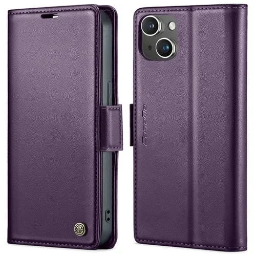 Funda para Teléfono Caseme 023 para iPhone 15 Cuero Antirrobo Textura Litchi Hebilla Mariposa Rfid (Púrpura Perlado)