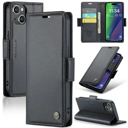 Funda para Teléfono Caseme 023 para iPhone 15 Plus Cuero Antirrobo Textura Litchi Hebilla Mariposa Rfid (Negro)