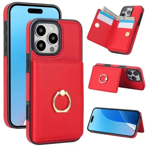 Funda para Teléfono con Anillo y Tarjeta Antirrobo Rfid para iPhone 16 Pro Max (Rojo)