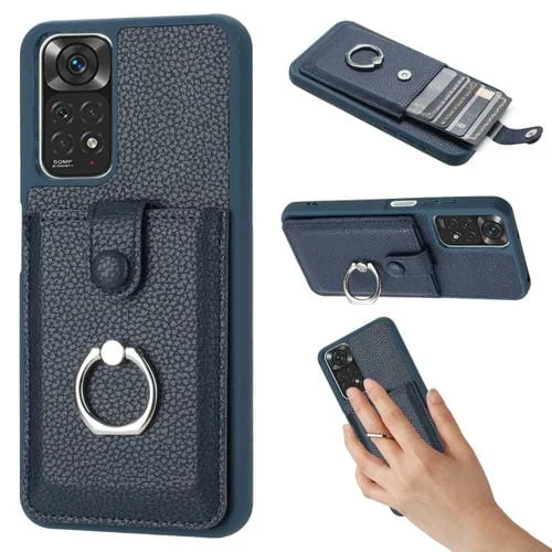 Funda para Teléfono con Diseño de Textura de Lichi para Redmi Note 11S, con Soporte para Anillo y Diseño de Tarjeta (Azul)
