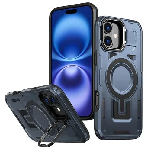 Funda para Teléfono con Marco Hueco y Soporte Magsafe para iPhone 16 (Azul Marino)