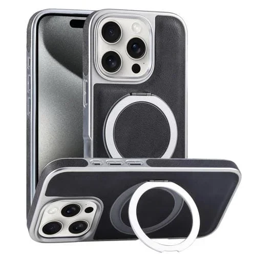 Funda para Teléfono con Soporte Magsafe Giratorio de Cuero Granulado Chapado para iPhone 15 Pro Max (Negro)