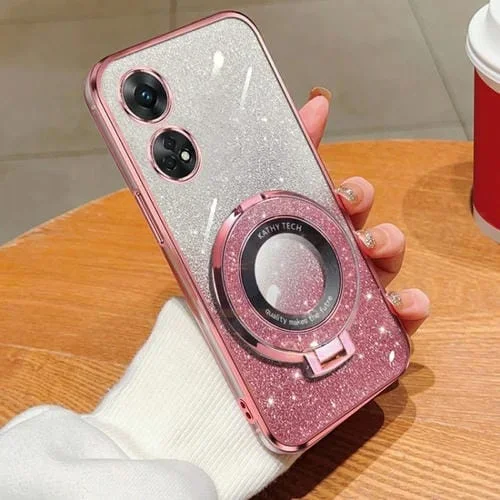 Funda para Teléfono con Soporte Redondo de TPU con Purpurina Degradada Chapada para Oppo Reno8 T 4G (Rosa)