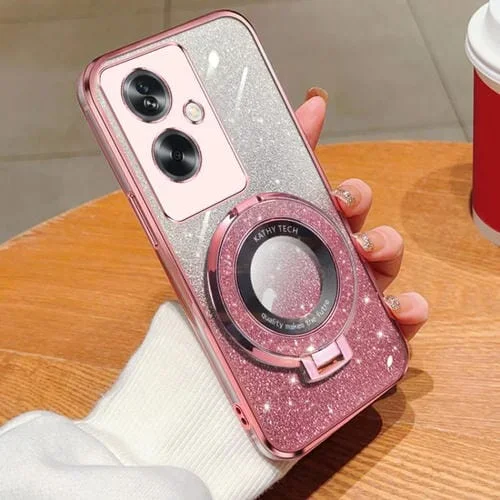 Funda para Teléfono con Soporte Redondo de TPU con Purpurina Degradada Plateada para Oppo A2 5G/A79 (Rosa)