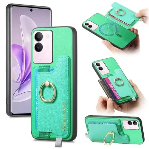 Funda para Teléfono con TaRJetero y Anillo de Cuero con Diseño Retro Magsafe Cross para Vivo S17/S17 Pro/V29 Pro 5G (Verde)