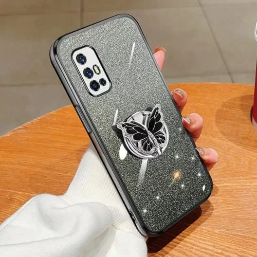 Funda para Teléfono de TPU con Soporte para Mariposas con Purpurina Degradada Chapada En Idn para Vivo V17 India/V19 (Negra)