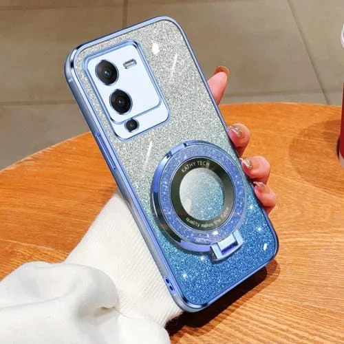 Funda para Teléfono de TPU con Soporte Redondo con Purpurina Degradada Plateada para Vivo S15 Pro (Azul Sierra)