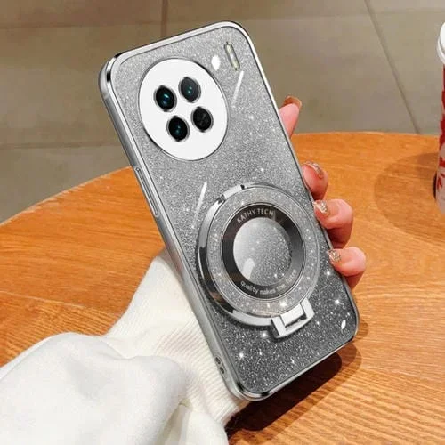 Funda para Teléfono de TPU con Soporte Redondo con Purpurina Degradada Plateada para Vivo X90 (Plateada)