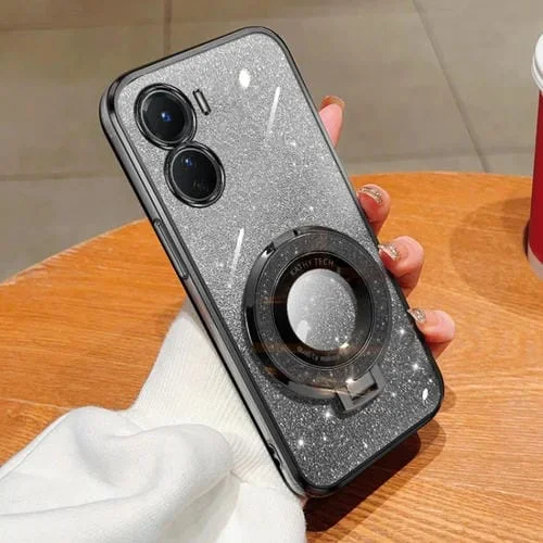 Funda para Teléfono de TPU con Soporte Redondo con Purpurina Degradada Plateada para Vivo Y16 (Negro)
