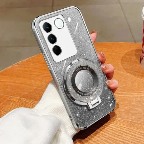 Funda para Teléfono de TPU con Soporte Redondo y Purpurina Degradada Plateada para Vivo V27/V27 Pro (Plateada)