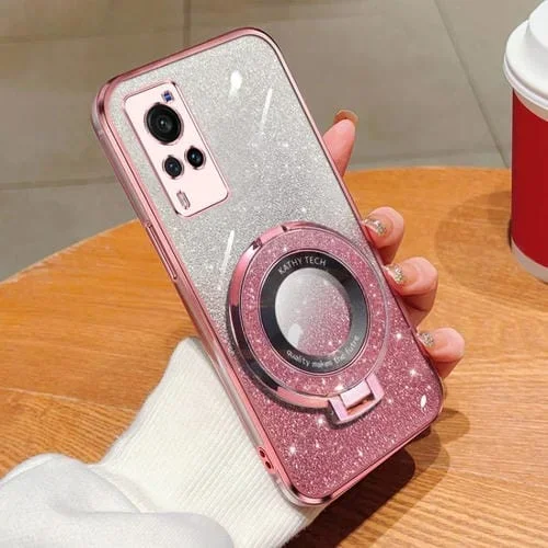 Funda para Teléfono de TPU con Soporte Redondo y Purpurina Degradada Plateada para Vivo X60 (Rosa)