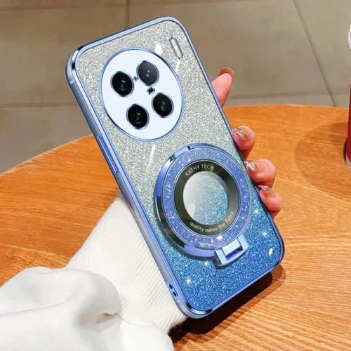 Funda para Teléfono de TPU con Soporte Redondo y Purpurina Degradada Plateada para Vivo X90 Pro+ (Azul Sierra)