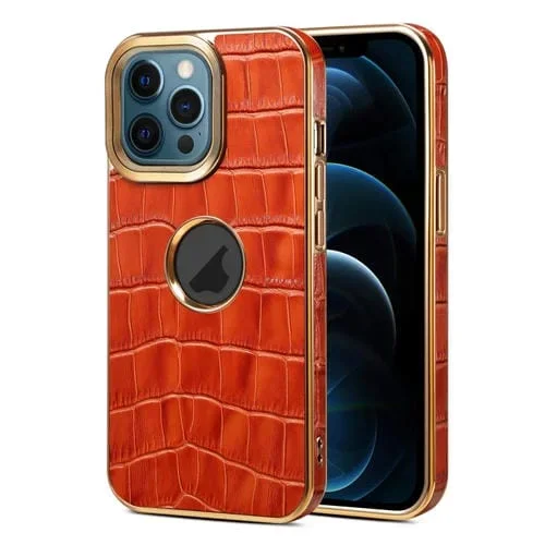 Funda para teléfono Denior iPhone 12 Pro Max Galvanoplastia Cuero Genuino Textura Cocodrilo (Marrón Moca)