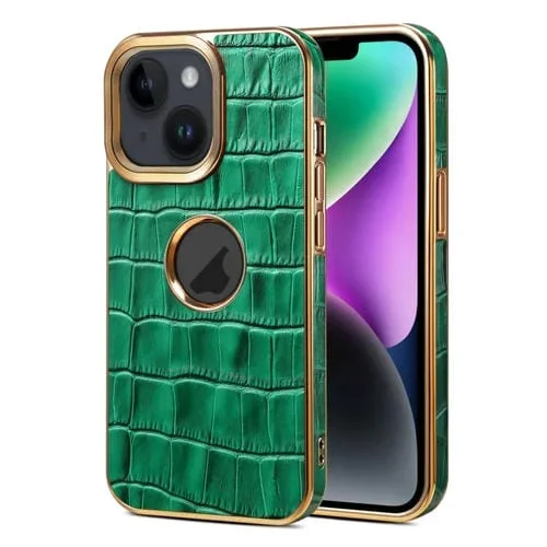 Funda para Teléfono Denior iPhone 15 Plus Galvanoplastia Cuero Genuino Textura Cocodrilo (Verde)