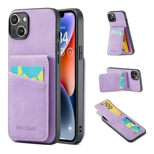 Funda para Teléfono Fierre Shann Crazy Horse iPhone 15 Titular de Tarjeta Contraportada (Púrpura)
