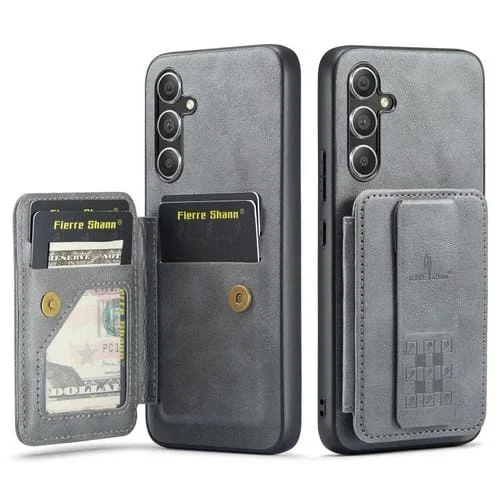 Funda para teléfono Fierre Shann Galaxy A24 5G Oil Wax con tarjetero de cuero de vaca (Gris)