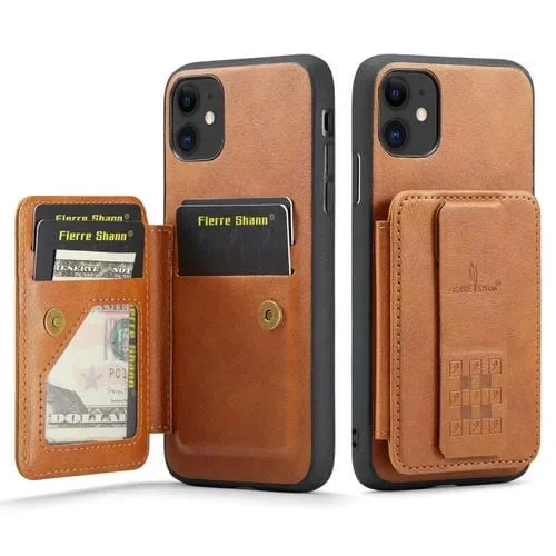 Funda para Teléfono Fierre Shann iPhone 11 Oil Wax con Tarjetero de Cuero de Vaca (Marrón)